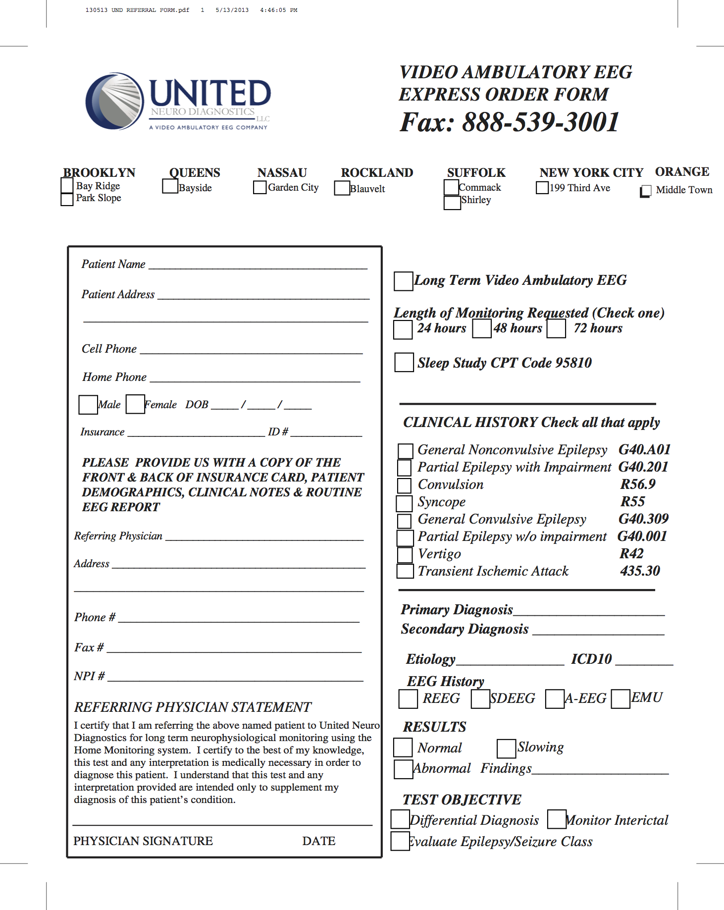 Video Ambulatory EEG Express Order Form